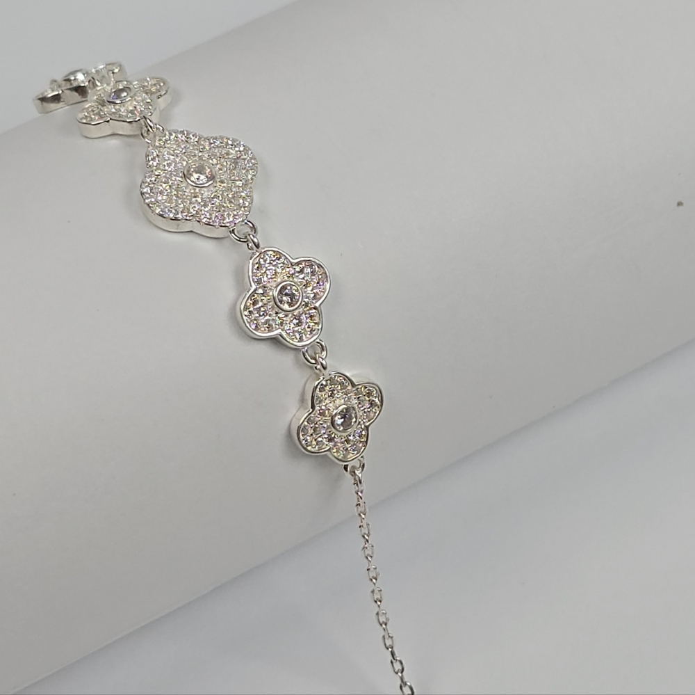 Van Clover Insp. Charm Bracelet White CZ 925 Sterling Silver Adjust. 17-20cm